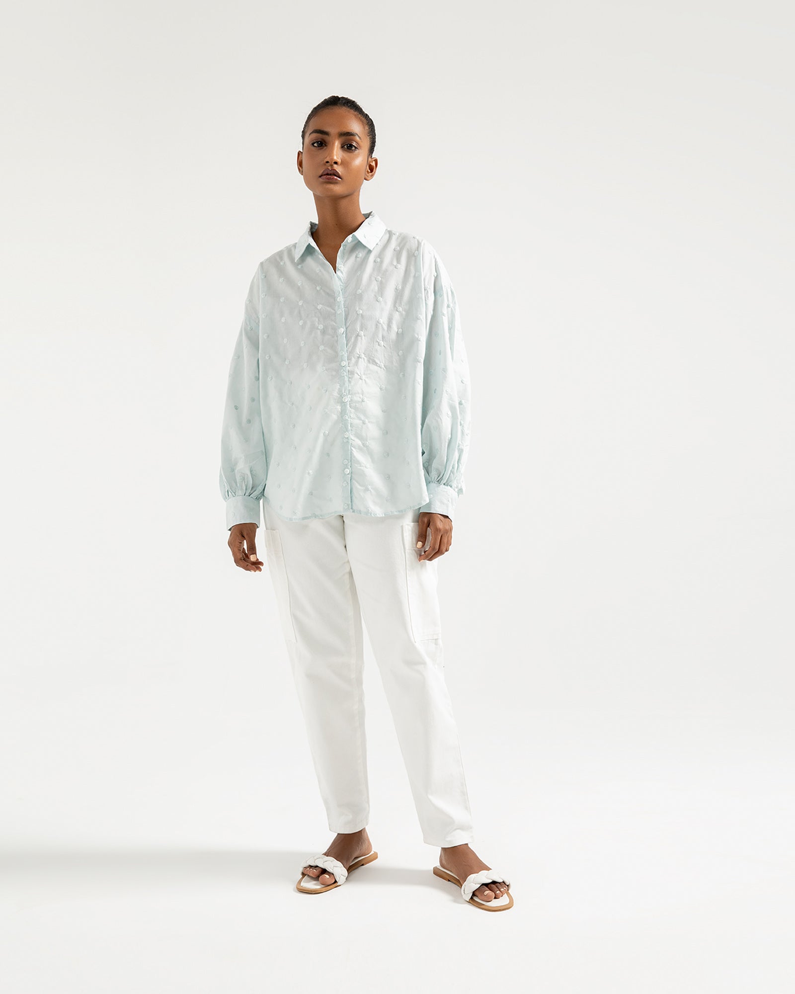 Button Down Embroidered Shirt with Lantern Sleeves