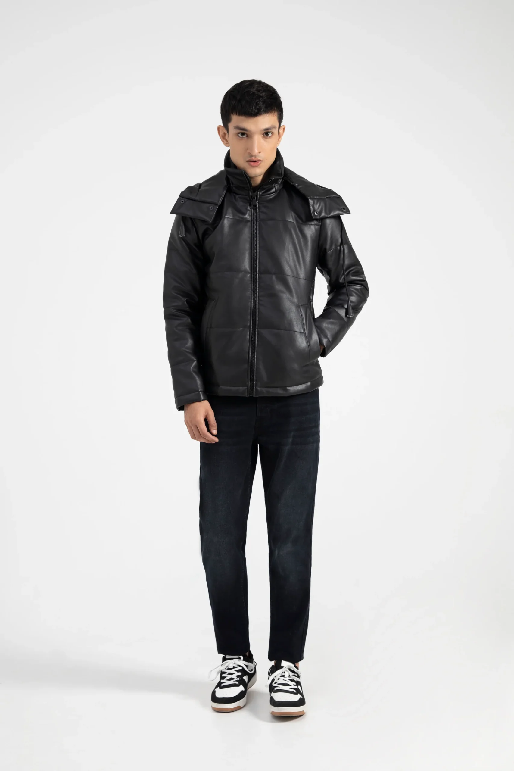 REGULAR FIT DETACHABLE HOODED FAUX LEATHER PUFFER JACKET