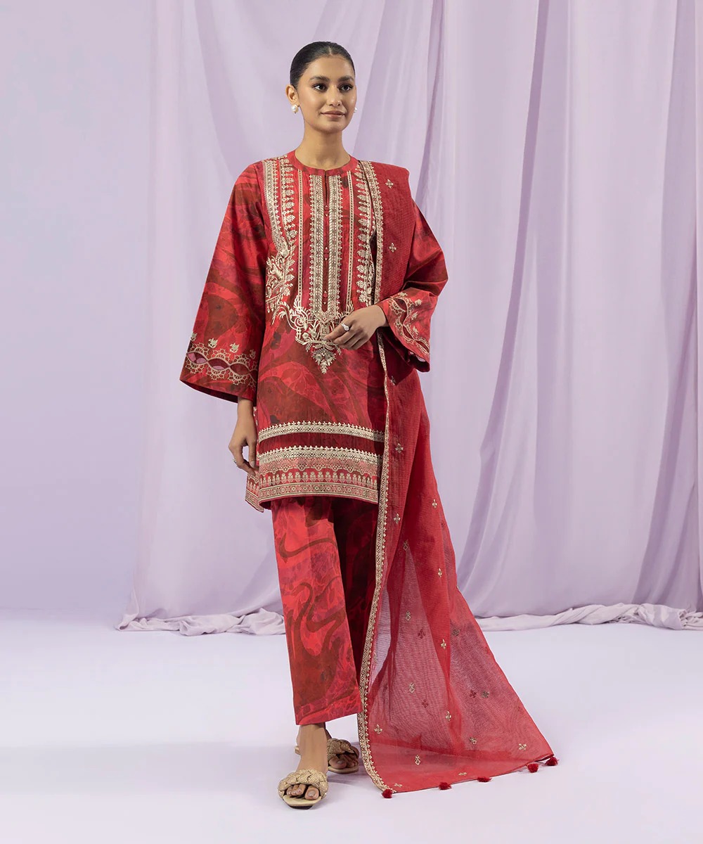 DIGITAL PRINTED EMBROIDERED COTTON JACQUARD 3 pc SUIT
