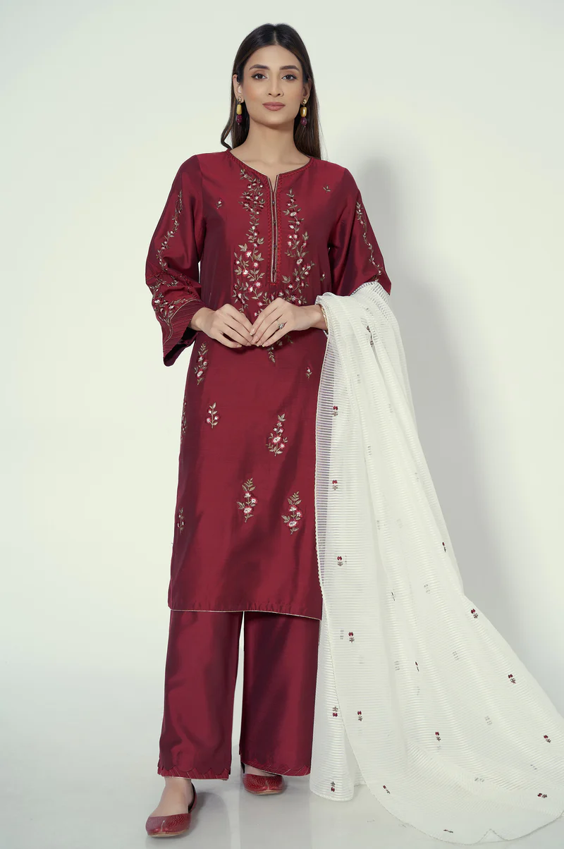 Stitched 3 Piece Cotton silk Embroidered Suit