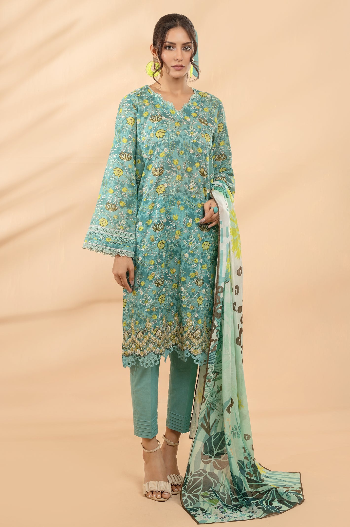 3PC Unstitched Lawn Printed Suit Green