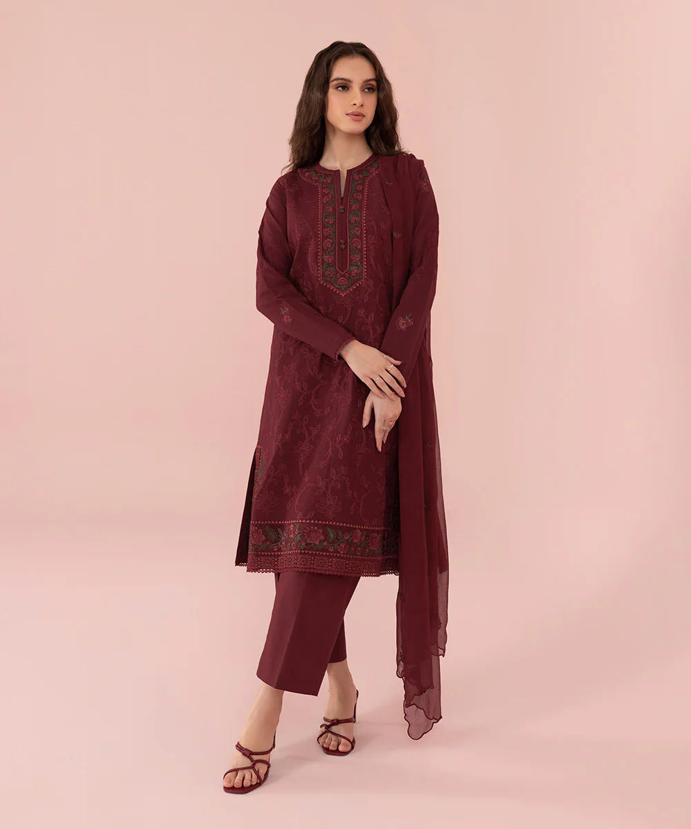 Maroon EMBROIDERED DOBBY SUIT