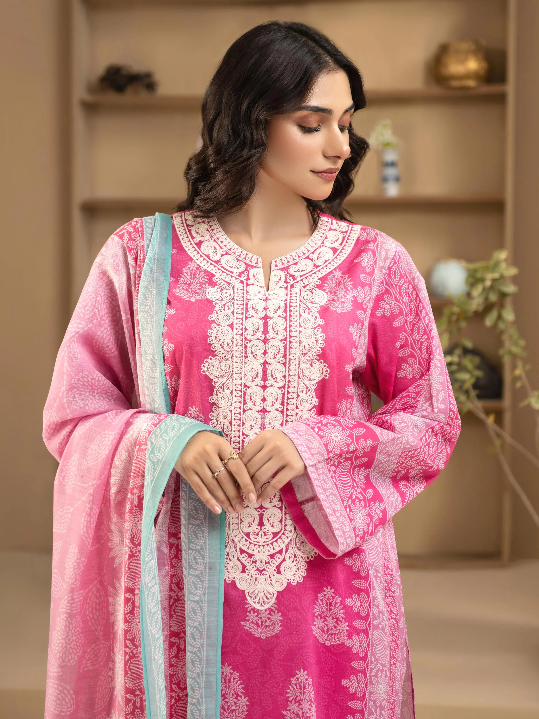 Pink 3 Piece Cambric Suit-Embroidered