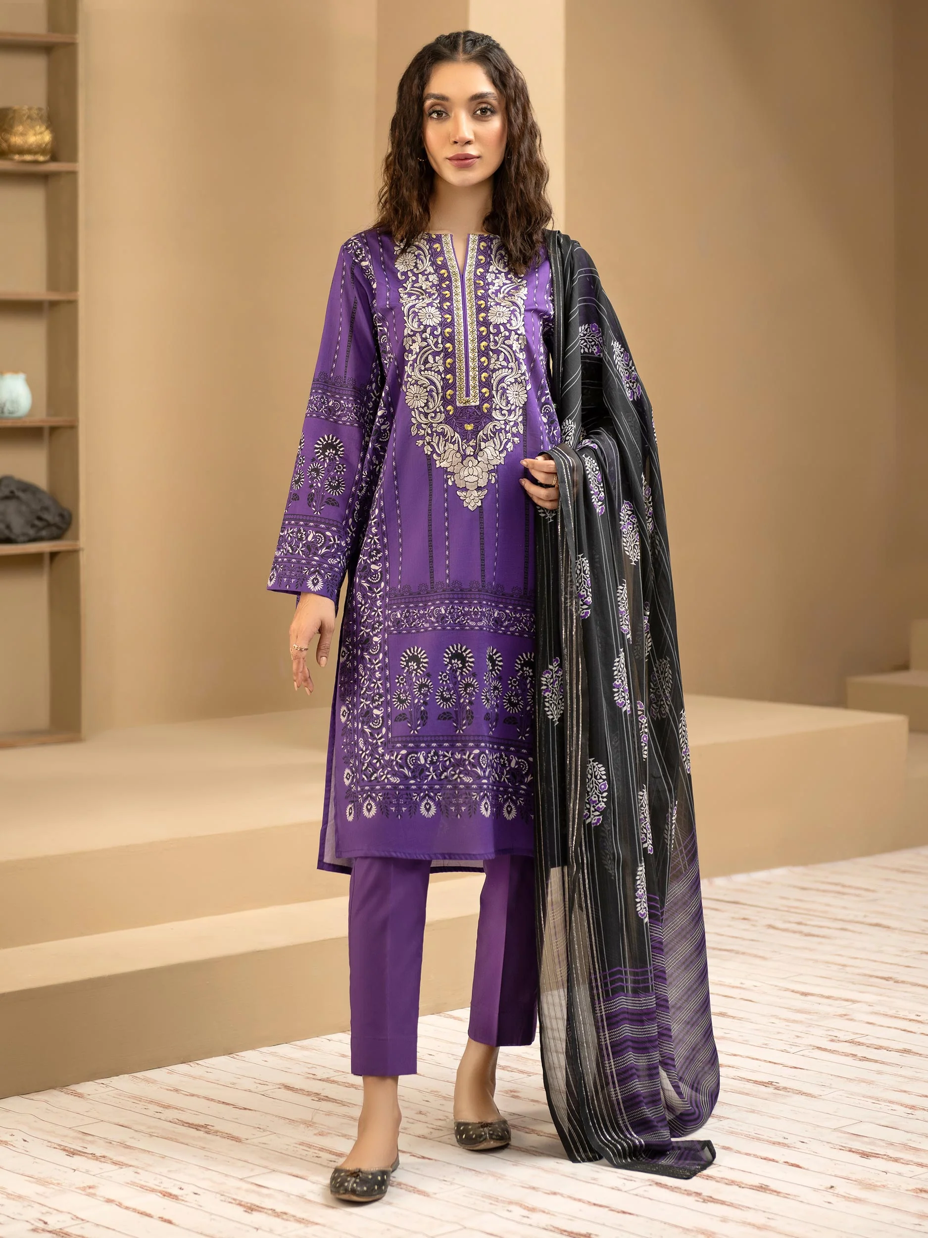 Voilet 3 Piece Cambric Suit-Embroidered