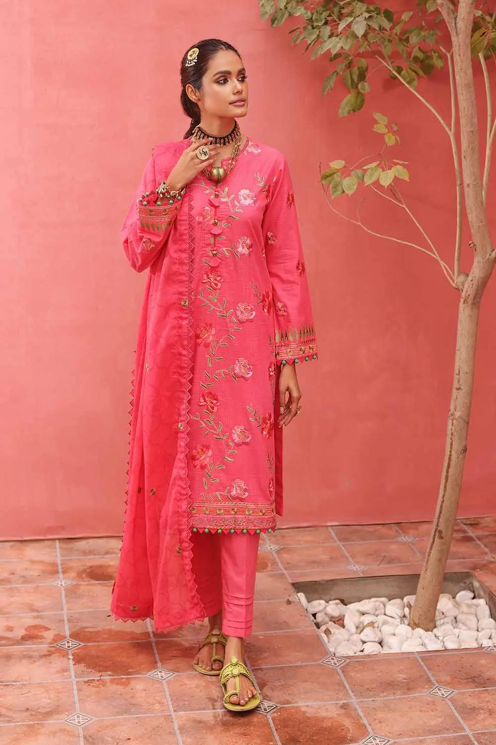 Red 3PC Embroidered Dobby Lawn