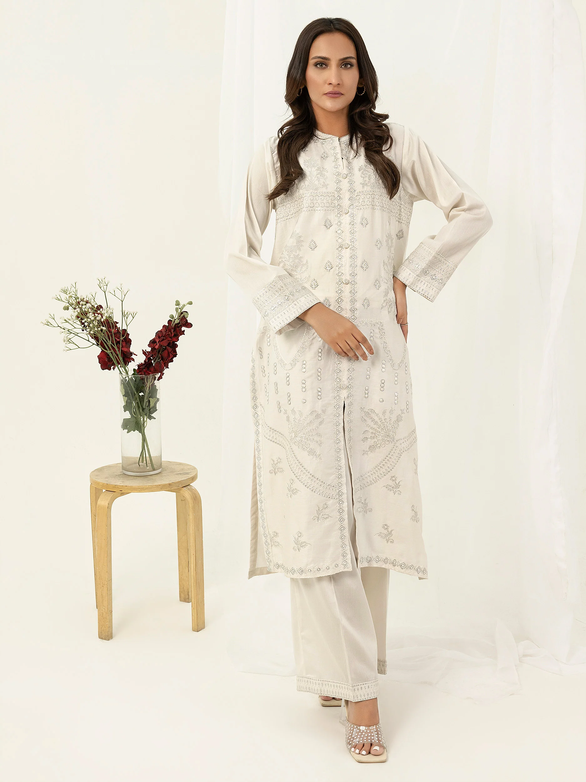 2 Piece Satin Suit Embroidered 