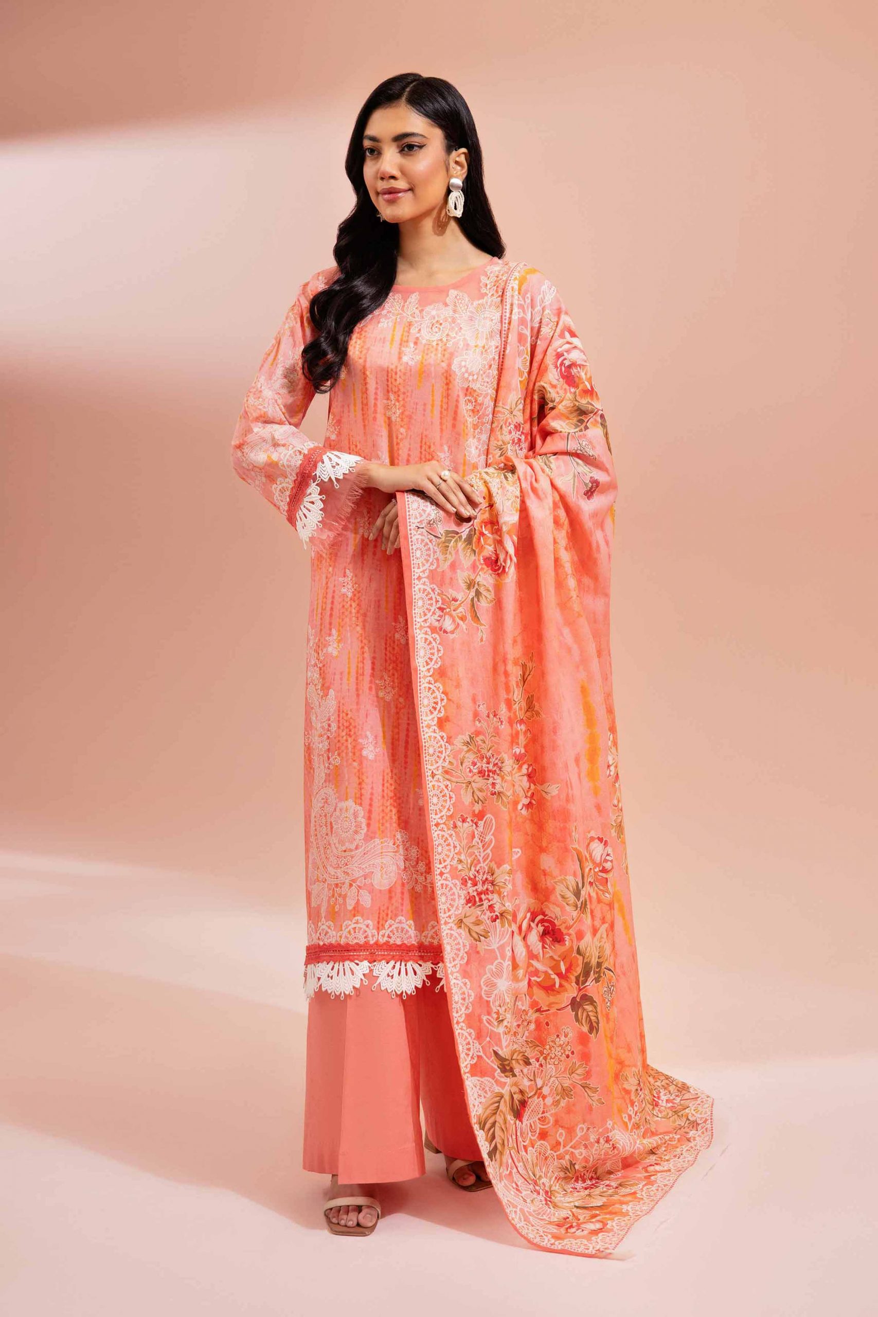 Coral Tie & Dye Textures With Flowers Laces Printed Style Nishat Linen 2024