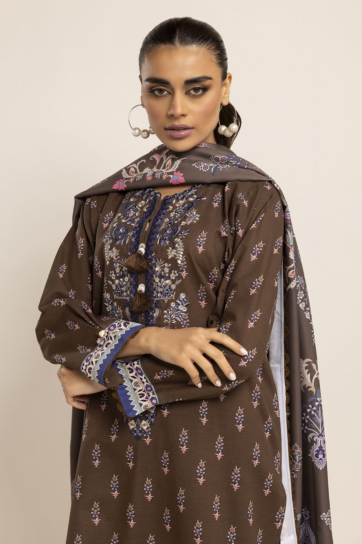 Dark Brown Printed Embroidered Khaddar khaadi 2024