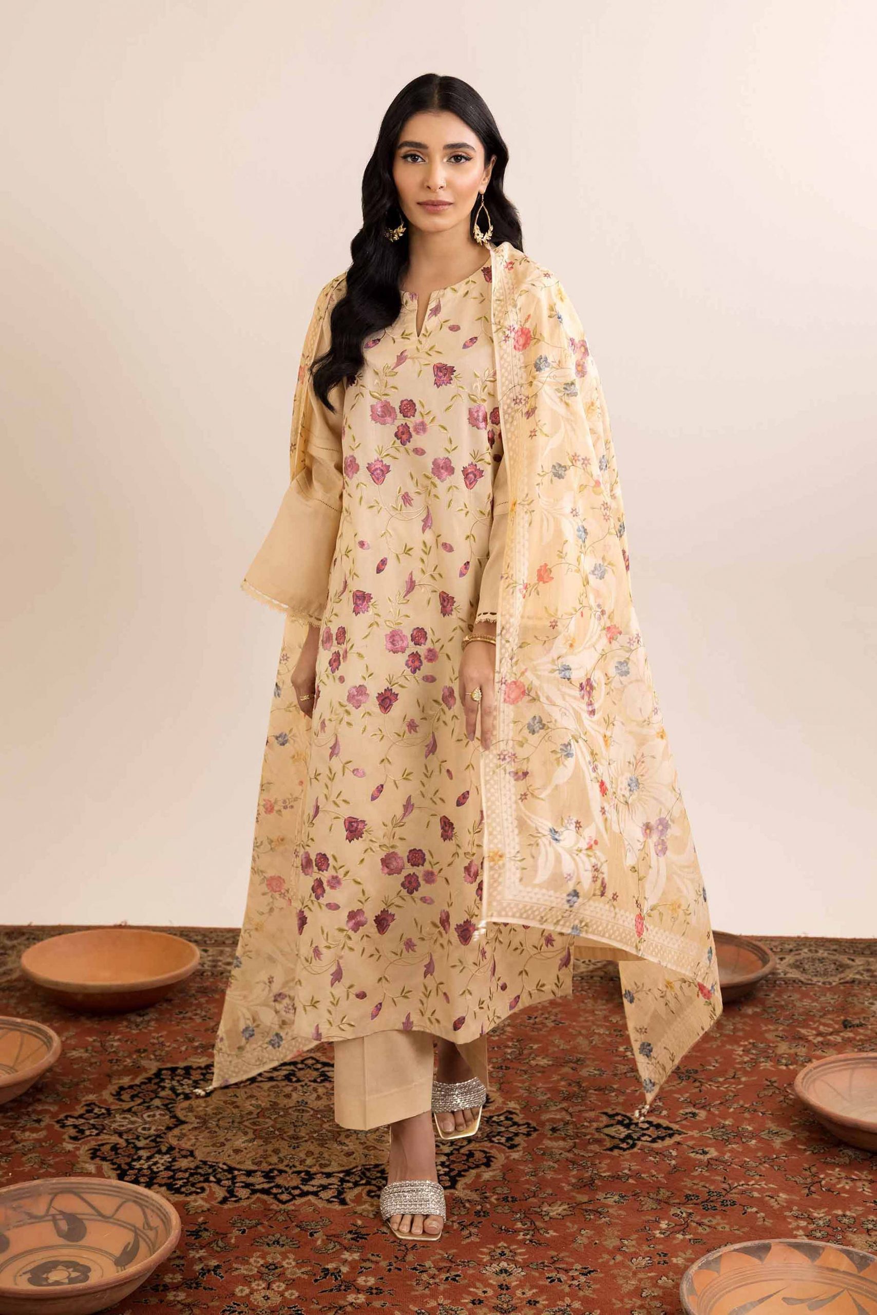 Floral Prints Shirt with Dupatta and Trousers Nishat Linen 2024