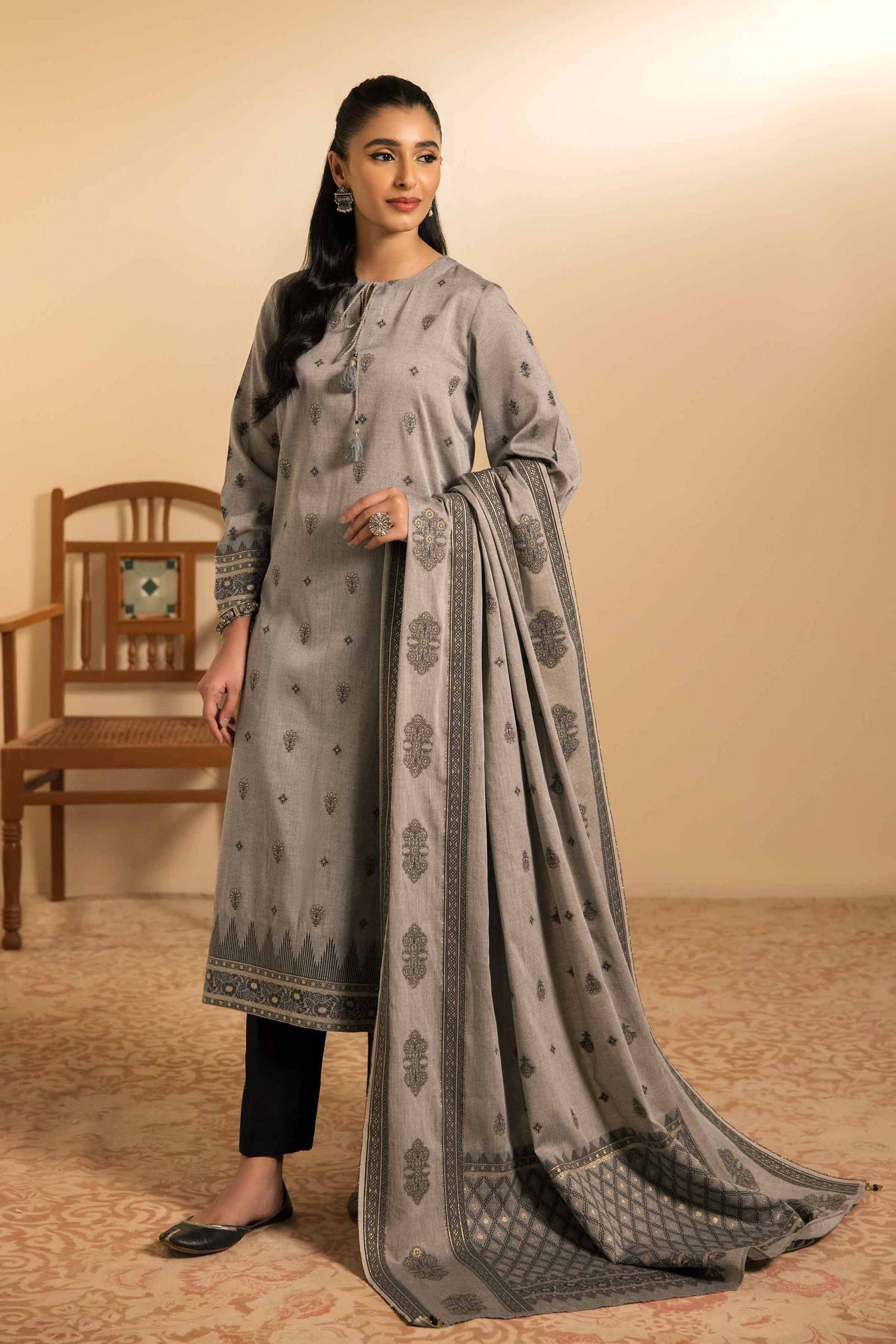 Grey Ethnic Jacquard Shirt with Dupatta Nishat Linen 2024