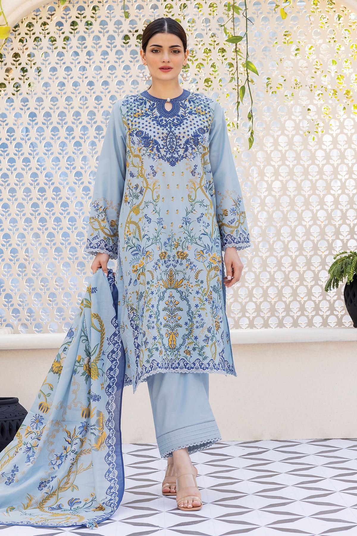 Light Blue Printed Embroidered Lawn khaadi 2024