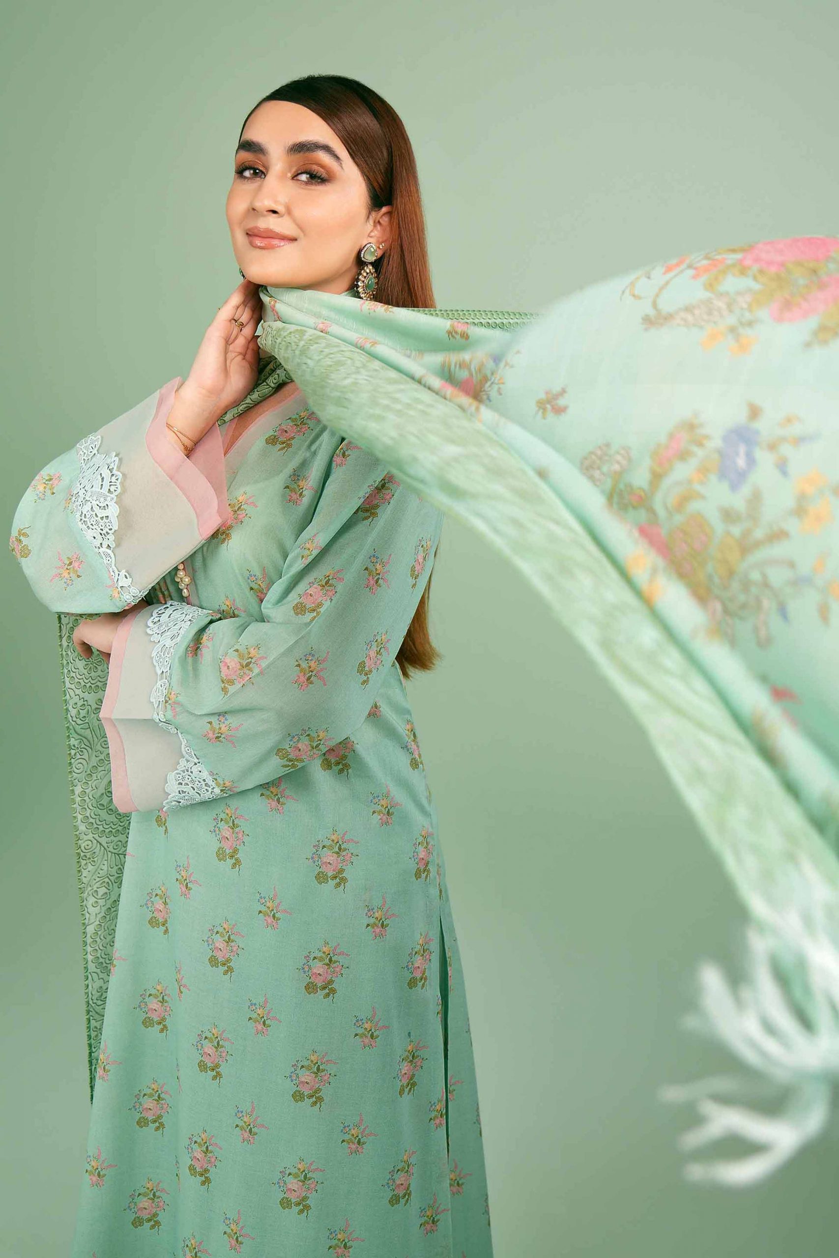 Mint Florals With Shiflli Borders Style Nishat Linen 2024