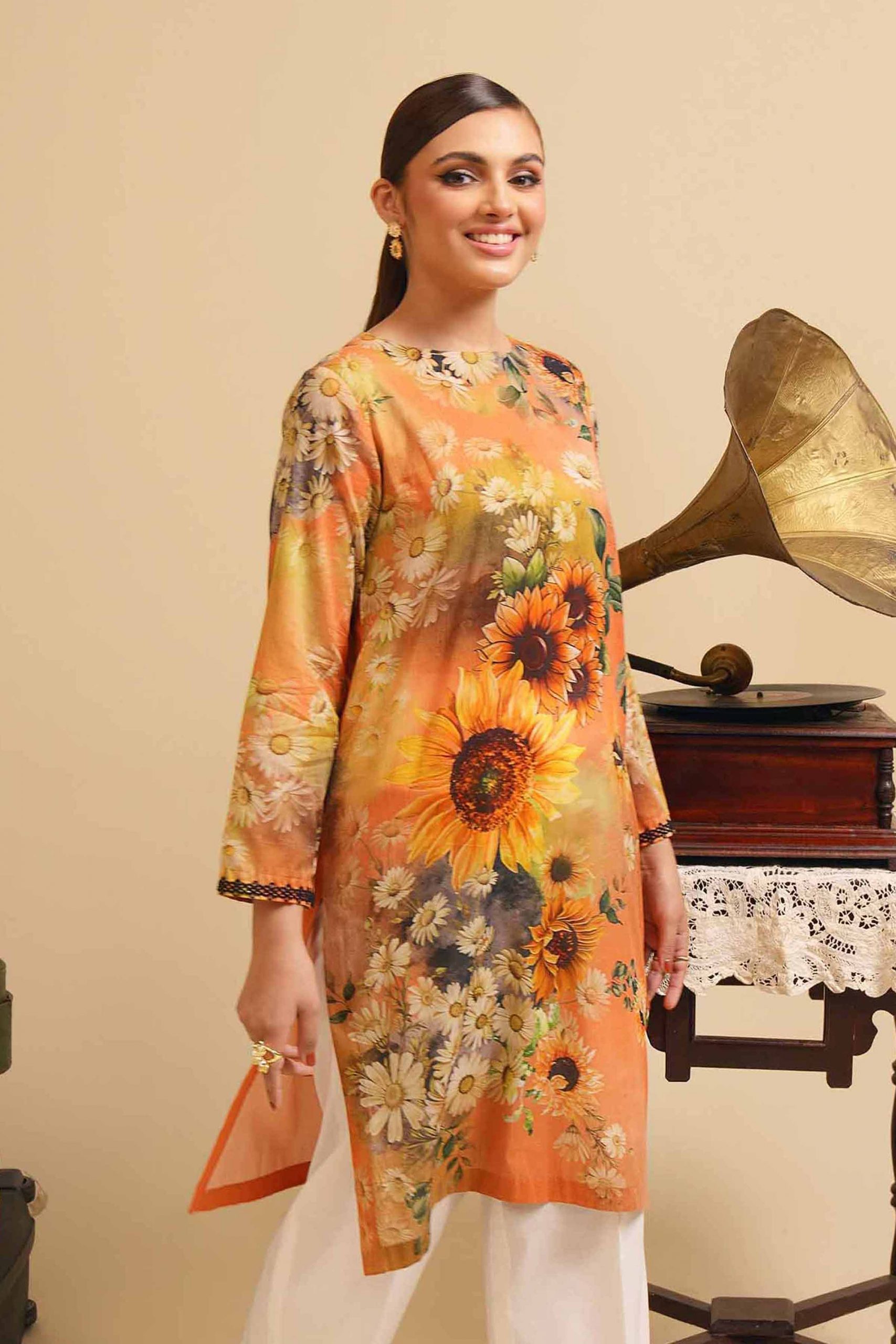 Orange Printed Shirt Nishat Linen 2024