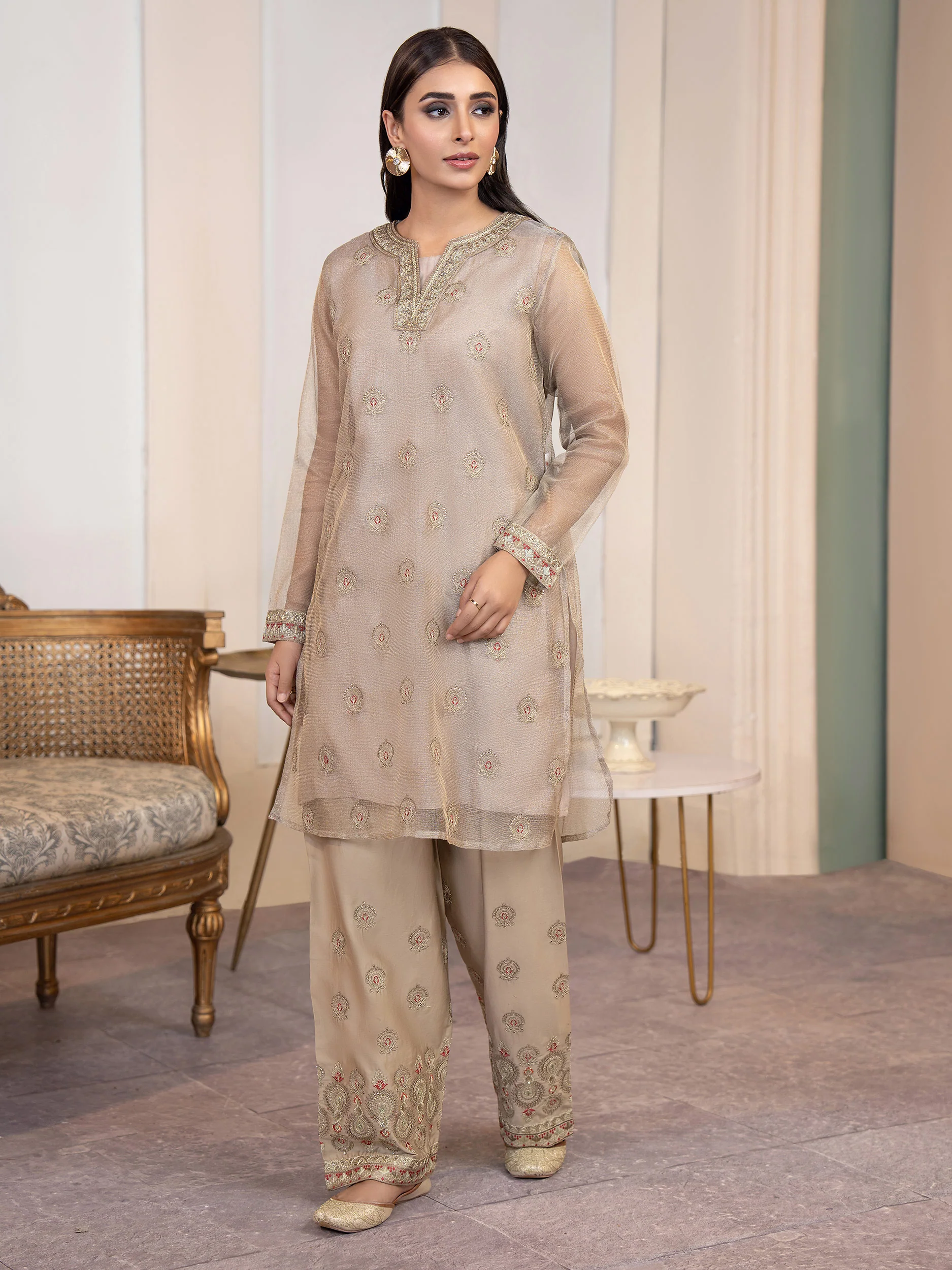 3 Piece Net Suit Embroidered