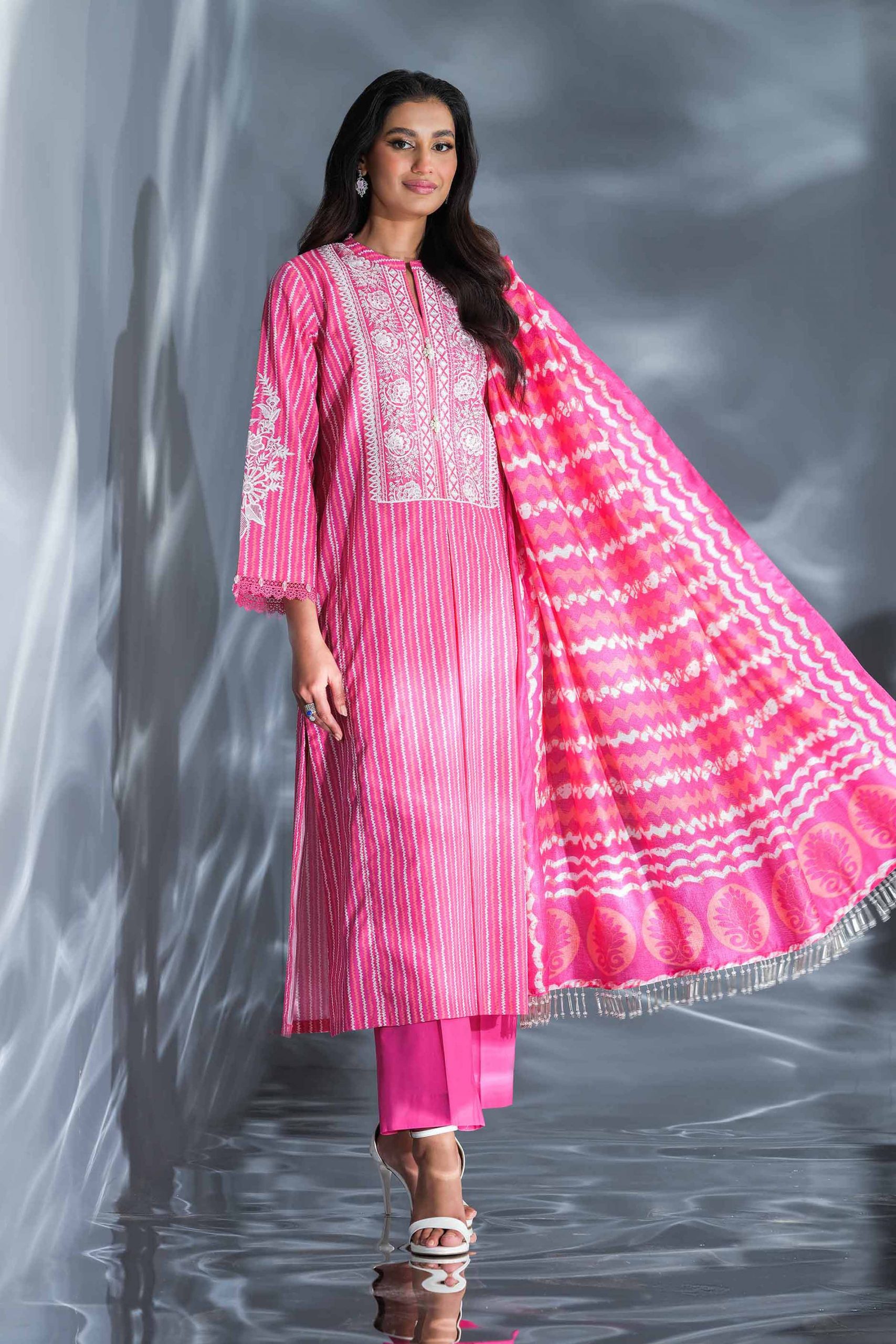 Pink Tie & Dye Lines Style Nishat Linen 2024