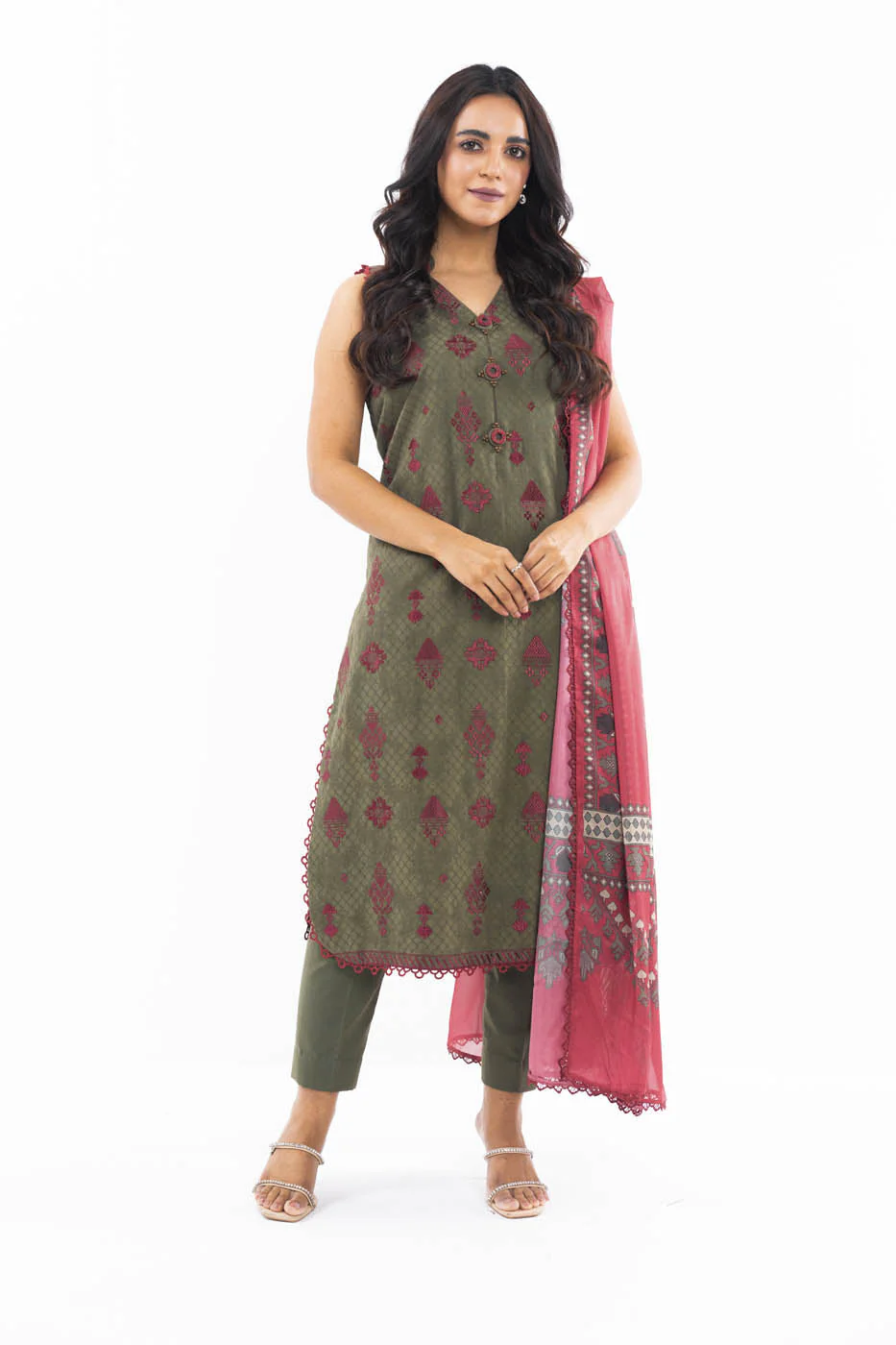 3 Pc Embroidered Doby Dyed Suit With Silk Dupatta