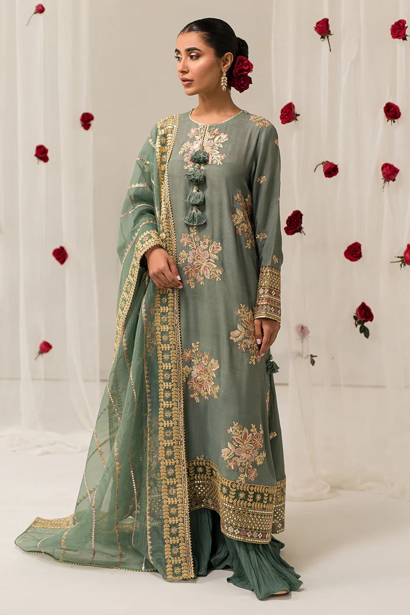 3 Pc Embroidered Silk Suit