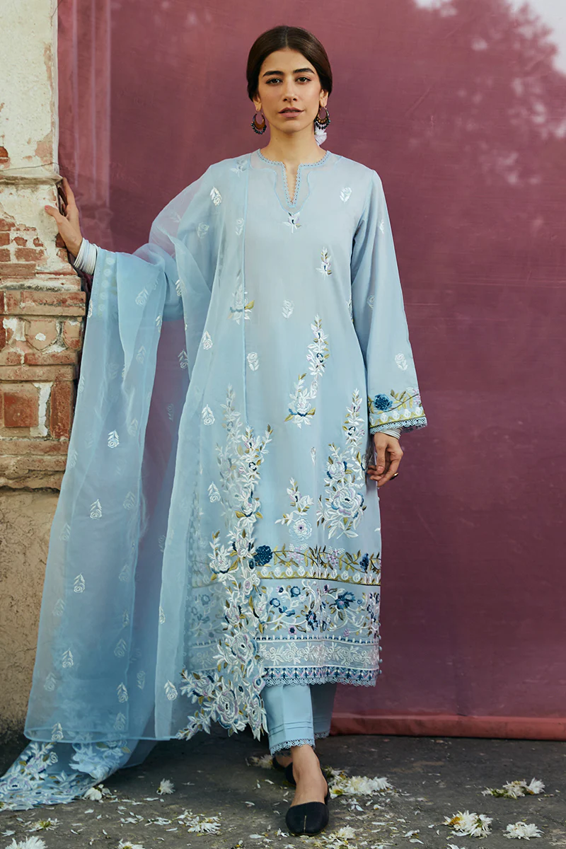 3 Pc Embroidered Suit Blue