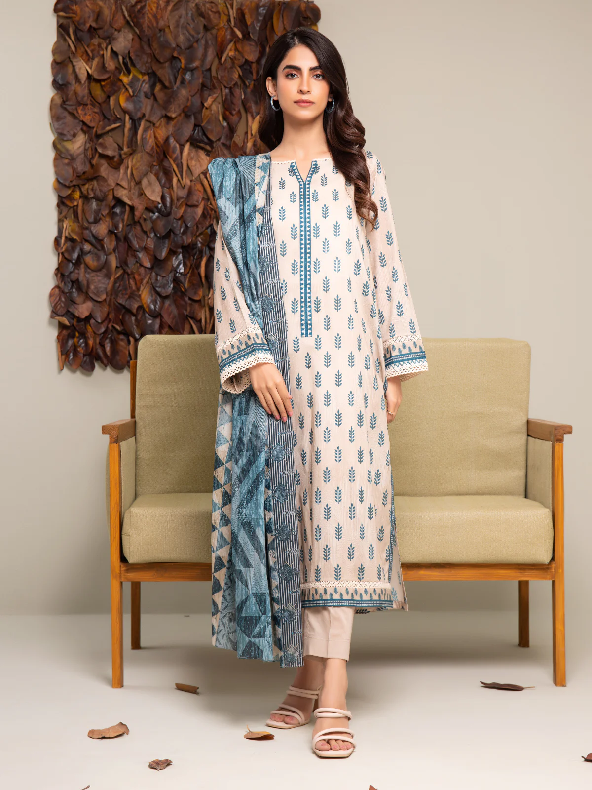 3P Unstitched Beige Printed Cambric Suit