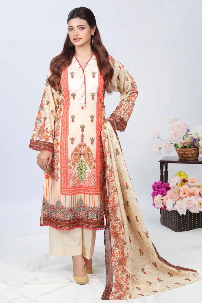3PC Unstitched Printed Lawn Suit Brown