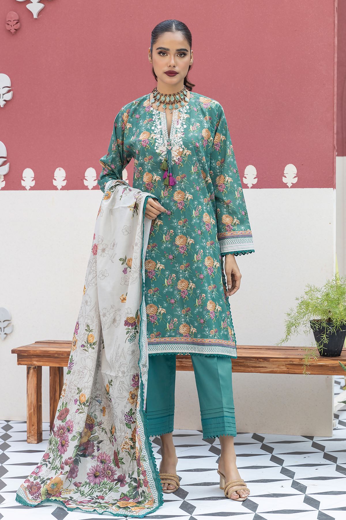 Digital Printed Embroidered Lawn green