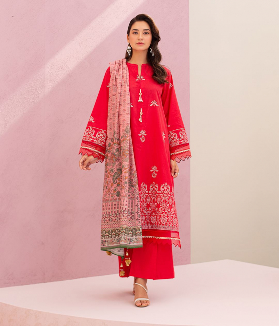 Embroidered Shirt Shalwar Dupatta - Red - Cambric