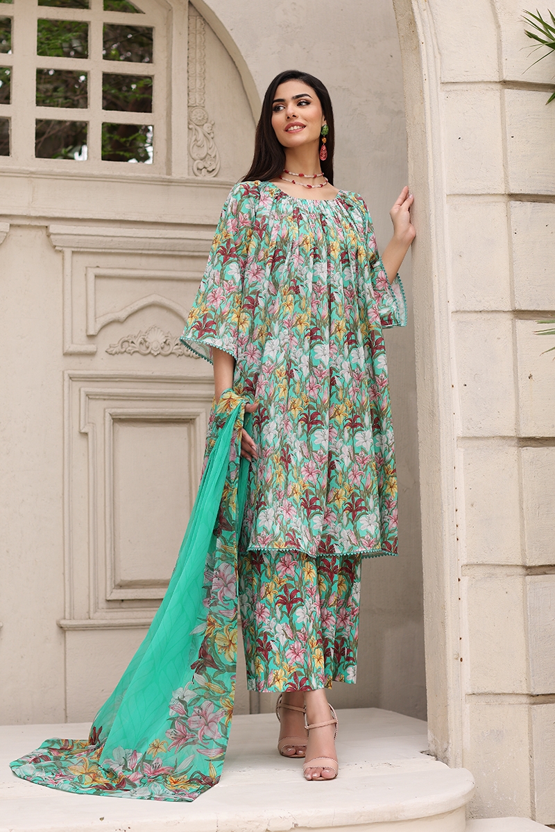 Green Printed 3 Pc Suit