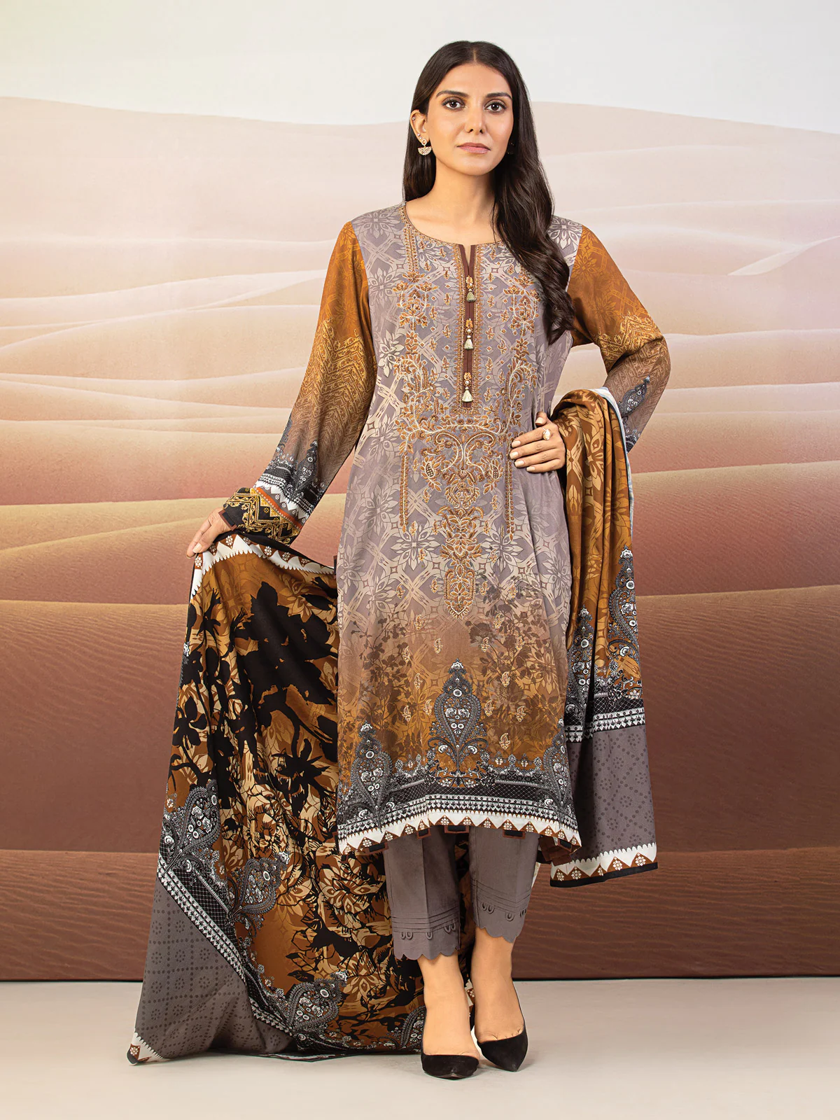 Unstitched Brown Embroidered Crepe 3 Piece