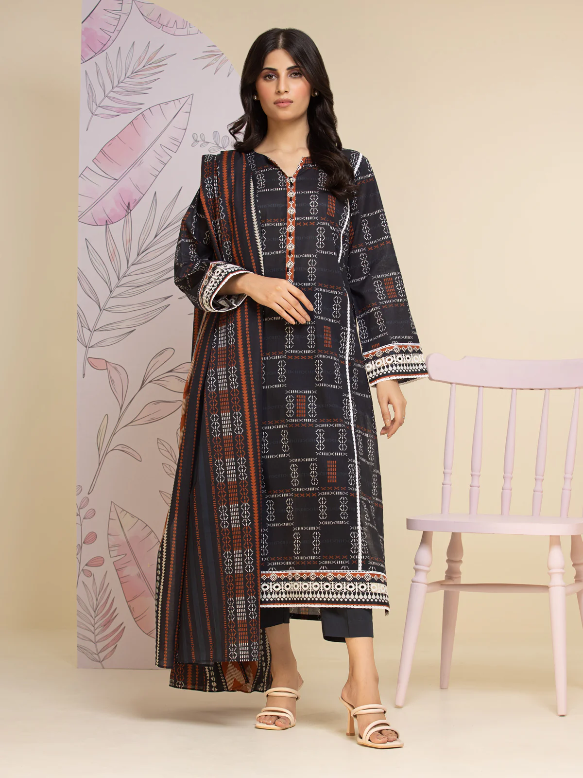 Unstitched Charcoal Printed Lawn 3 Piece Suit