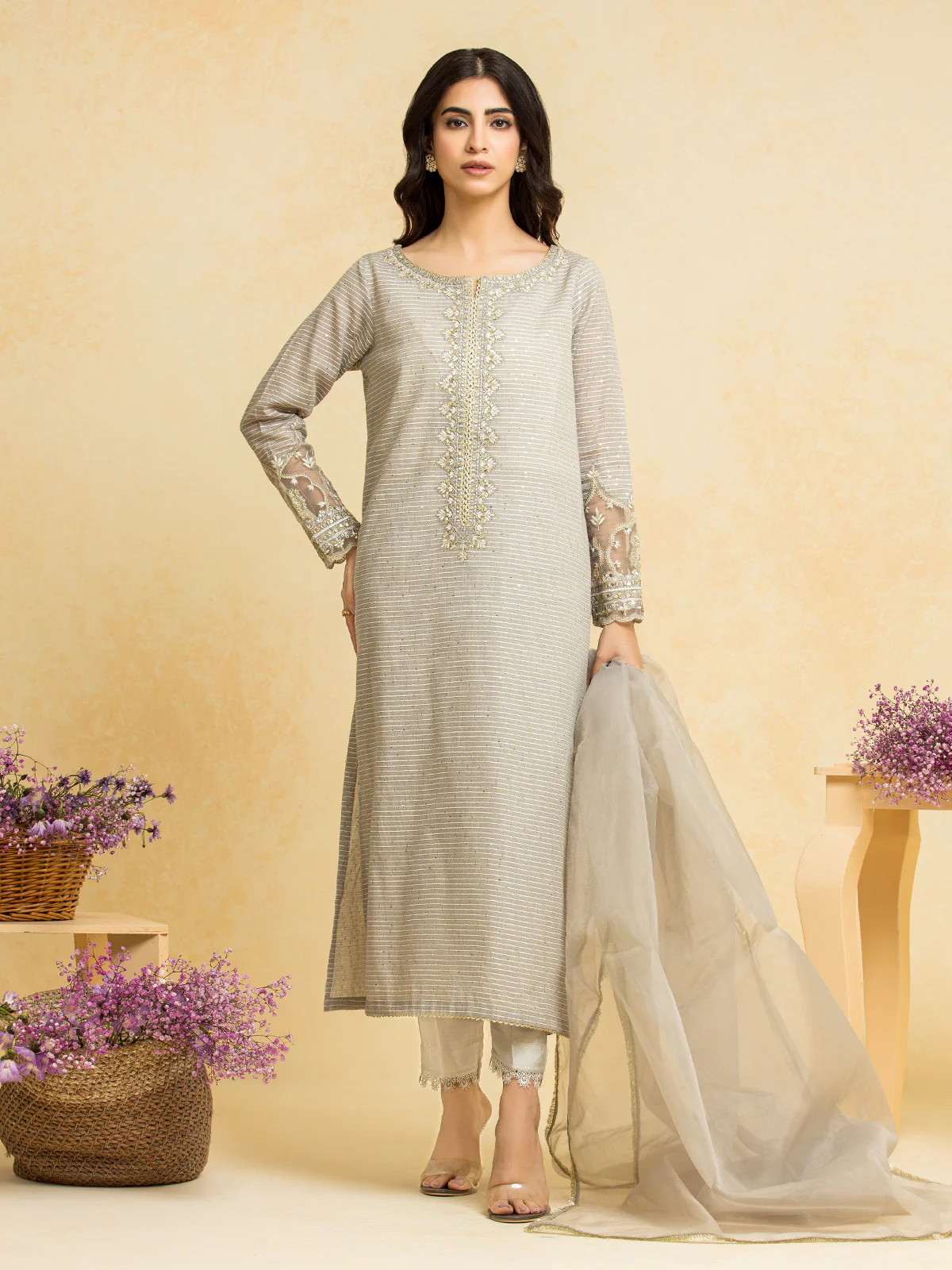 Unstitched Grey Embroidered Dobby 3 Piece Suit