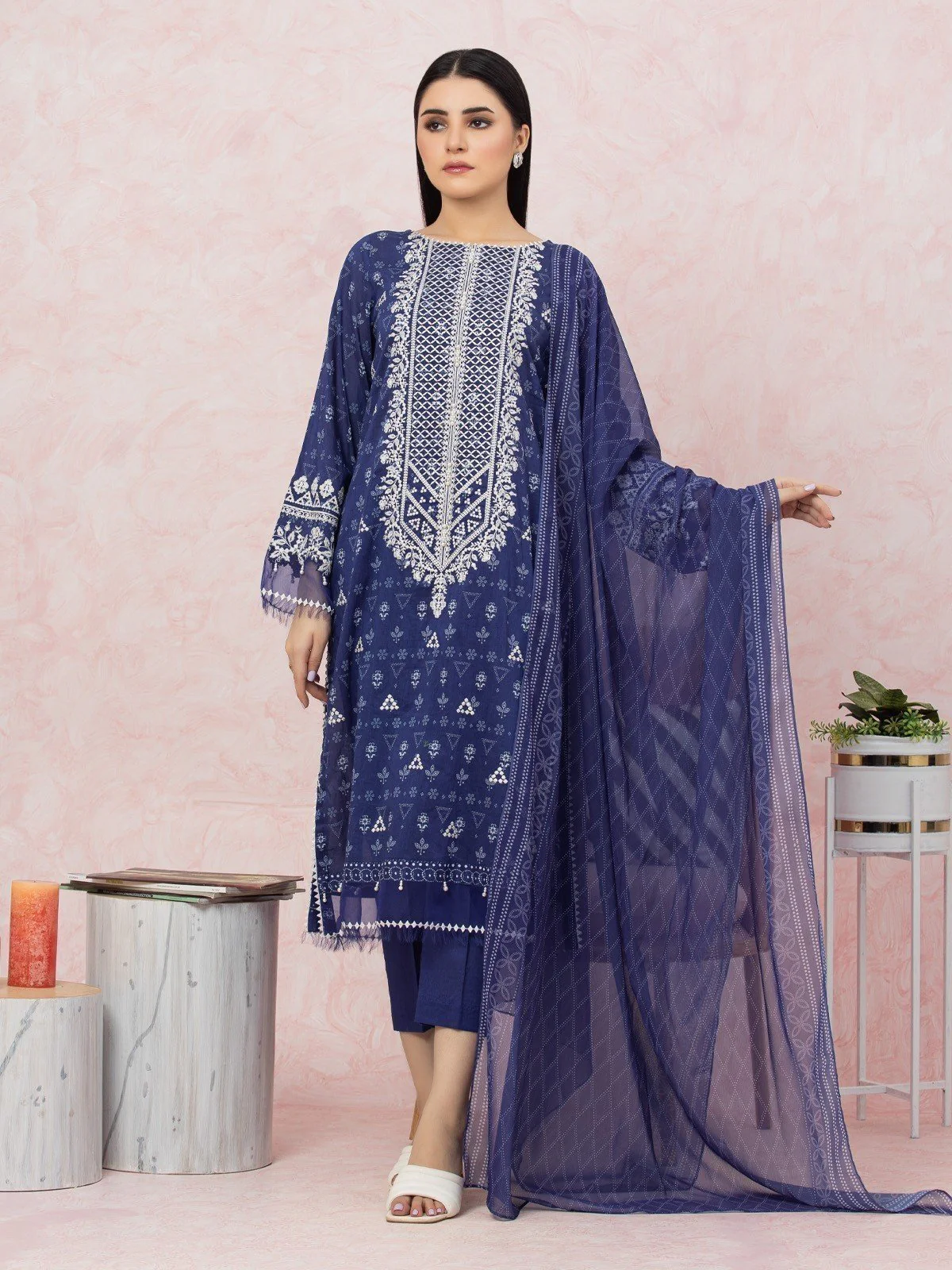 Unstitched Navy Blue Embroidered Lawn 3 Piece Suit