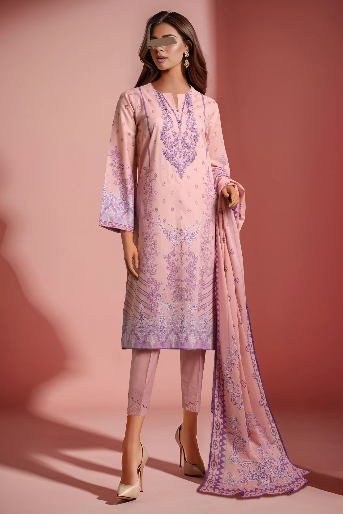 Unstitched Printed Embroidered Lawn 3 Piece Suit