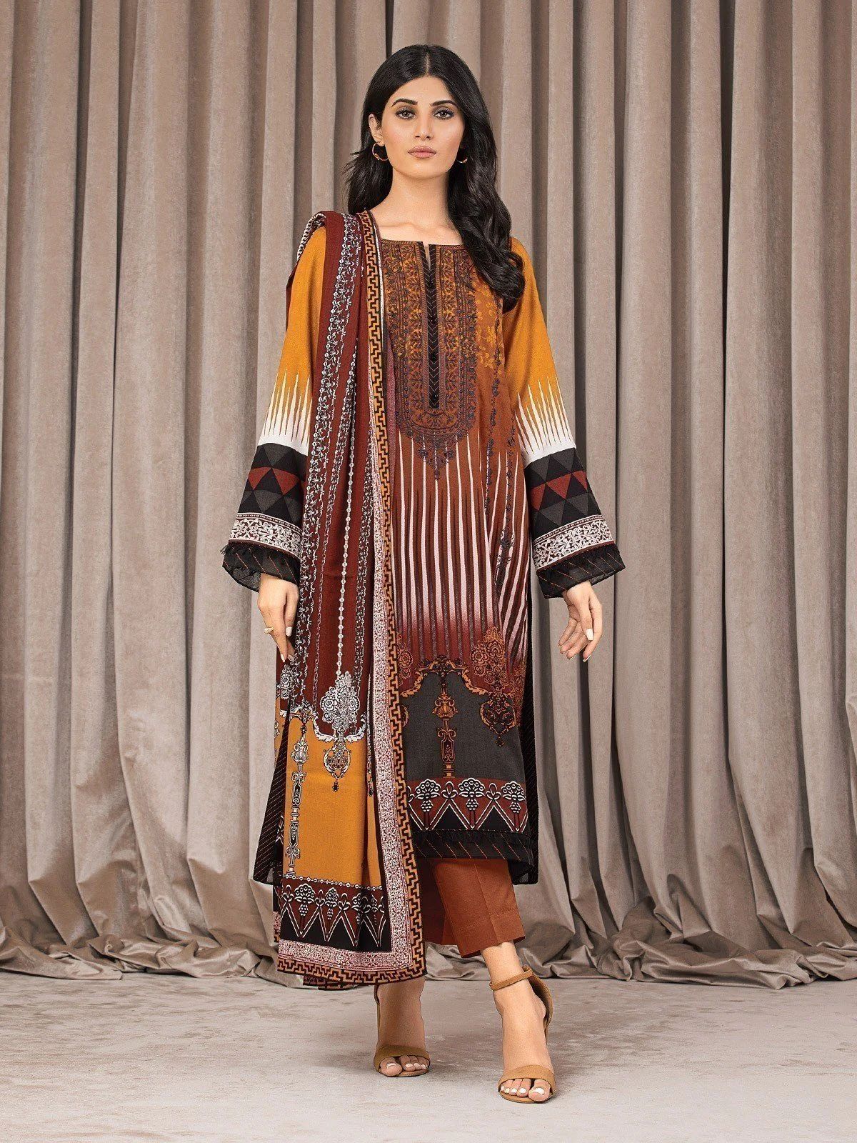 Unstitched Rust Embroidered Crepe 3 Piece Suit