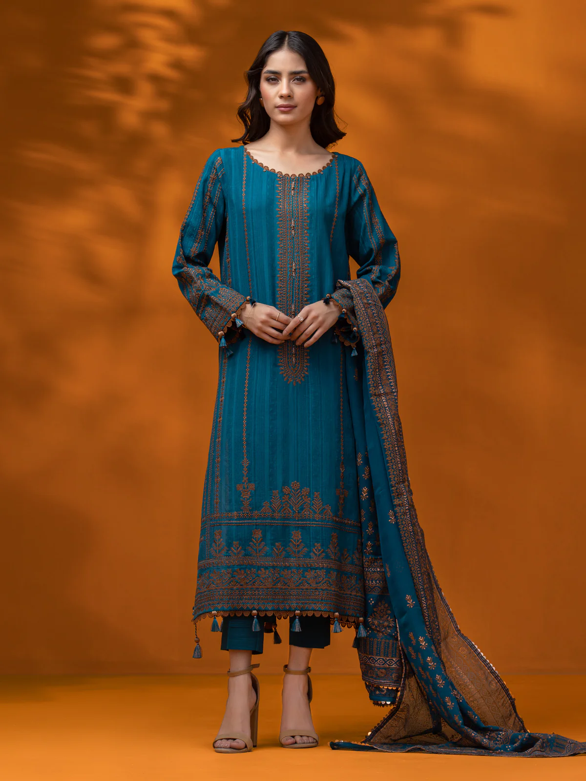 Unstitched Teal Blue Embroidered Dobby 3 Piece Suit