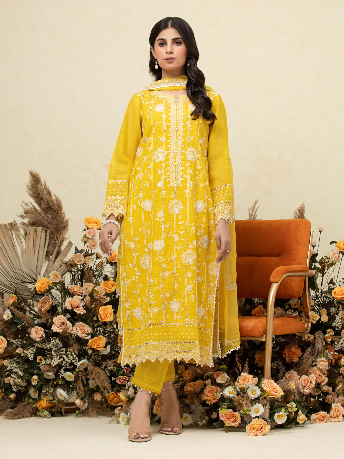 Unstitched Yellow Embroidered Chanderi 3 Piece Suit