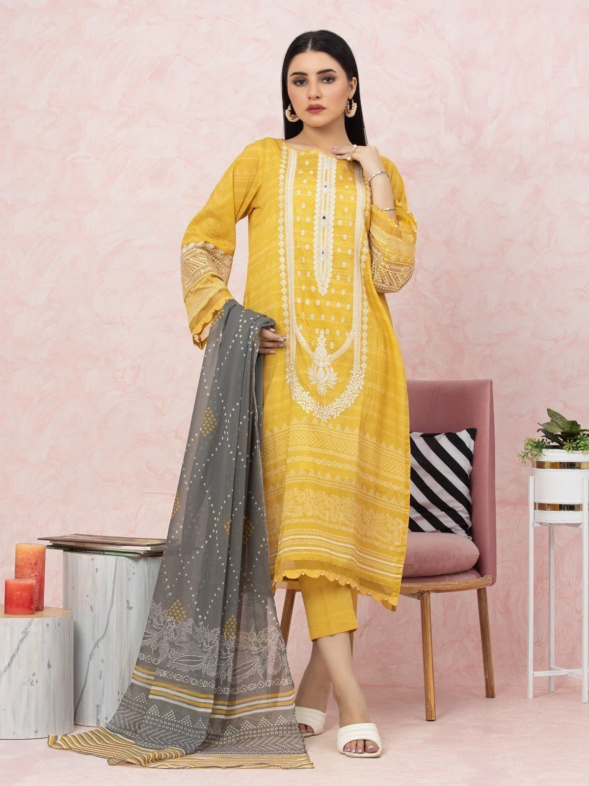 Unstitched Yellow Embroidered Lawn 3 Piece Suit